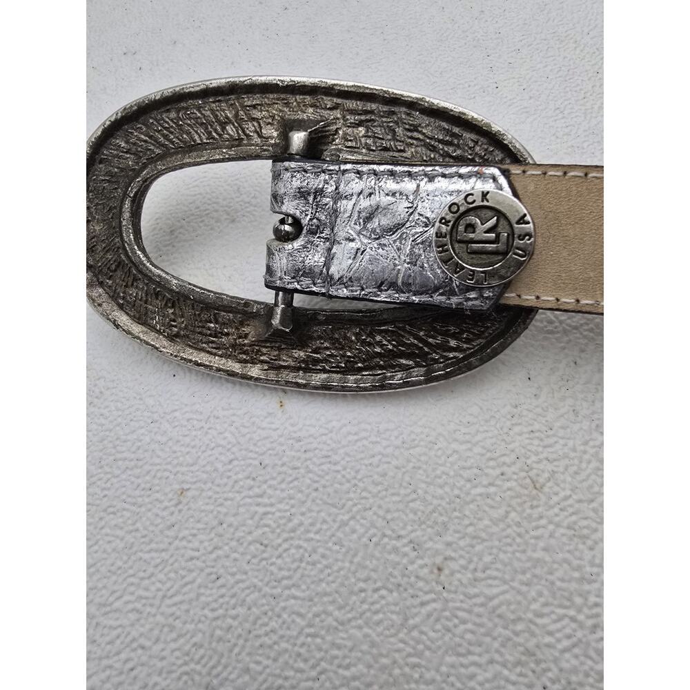 LeatherRock Metallic Silver Leather Belt Rhinestone Buckle Croc Embossed Sz 36” - Picture 8 of 13